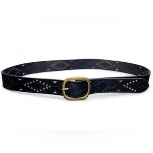 Frye Black Genuine Leather Studded Belt with Brass colored Buckle